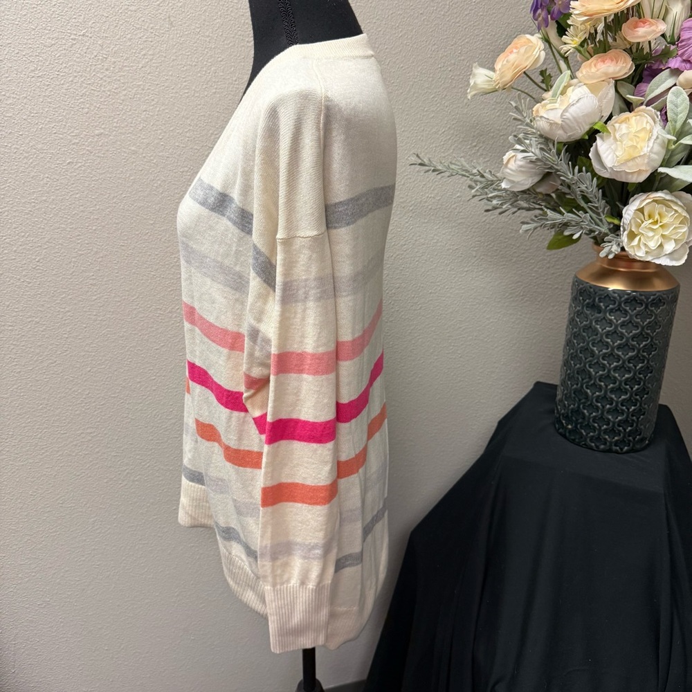 LOFT Cream Multicolor Stripe V-Neck Sweater S Soft Lightweight Knit Spring - Picture 2 of 7